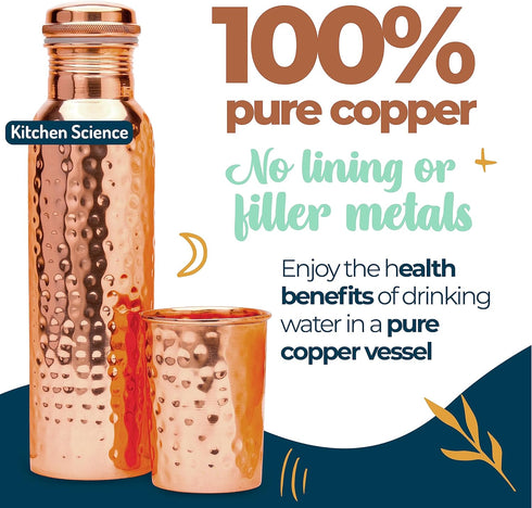 Pure Copper Water Bottle (34oz/1000 ml) with Copper Tumbler, Carrying Bag & Deco Sleeve, Lab-Tested, Leak-Proof