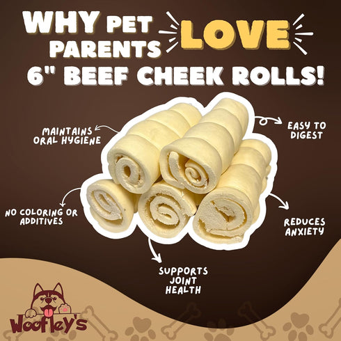 Woofley's 5-6" -(10 Count)- Buffalo Beef Cheek Roll Beef Cheek Rolls for Dogs - Long Lasting Natural Dog Chews