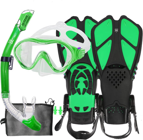 Kids Mask Fins Snorkel Set with Diving Mask, Snorkel, Adjustable Swim Fins, Mesh Bag for Snorkeling Swimming