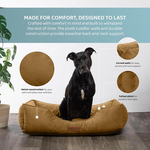 Modern Threads Luxury Dog Bed, Comfortable Tufted Velvet Cushion for Small to Large Dogs, Machine Washable, Caramel