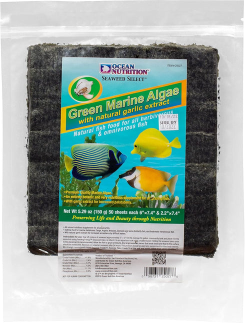 Ocean Nutrition Seaweed Select Green Marine Algae - Nutritious Fish Food for Herbivorous Marine Fish, 50 Sheets, 5.29 oz