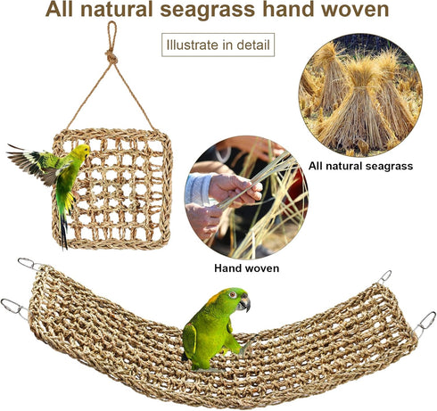 SMICEM 2Pcs 2 Sizes29.53x6.89 &7.48x7.48 Inches Natural Sea Grass Parrot Mat - Foraging Chew Wall Toy with Climbing