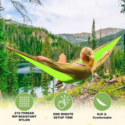 SZHLUX Camping Hammock, Double & Single Portable with 2 Tree Straps, Great for Hiking, Outdoor, Beach