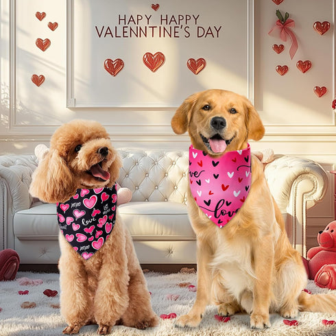 Agroon 3PCS, 6 Dog Valentines Bandana XLarge Pattern Sweetheart Scarf for Boy and Girl, Red Pink Black Triangle