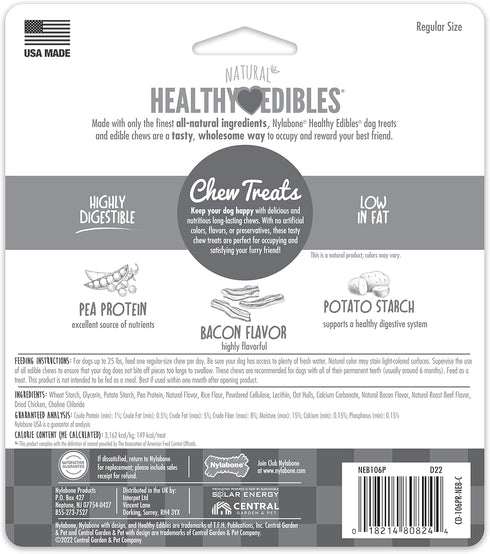 Nylabone Healthy Edibles Natural Dog Chews, Long Lasting Bacon Flavor Treats for Dogs, Small/Regular, 3 Count
