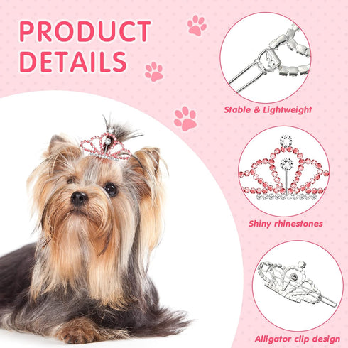 MTLEE 2 Pieces Dog Tiara Crown Hair Clips, Clear Crystal Rhinestone Barrettes for Pet Dogs Grooming Hair Accessories