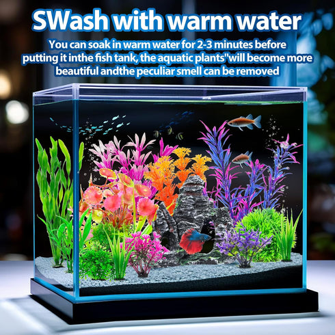 13Pcs Fish Tank Artificial Plastic Plants & Cave Rock Decor Set - Aquarium Decorations Kit