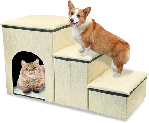 Fhiny 3-Steps Foldable Dog Stairs with Storage, Non-Slip Puppy Steps for High Bed & Couch, Khaki, Holds 160 lbs