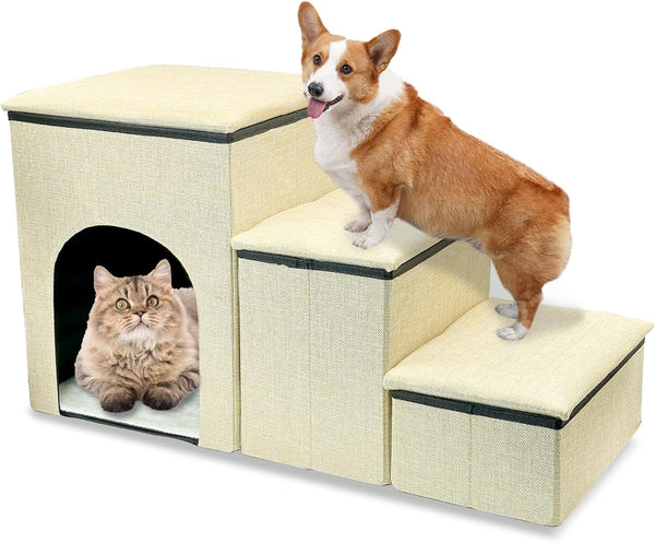 Fhiny 3-Steps Foldable Dog Stairs with Storage, Non-Slip Puppy Steps for High Bed & Couch, Khaki, Holds 160 lbs