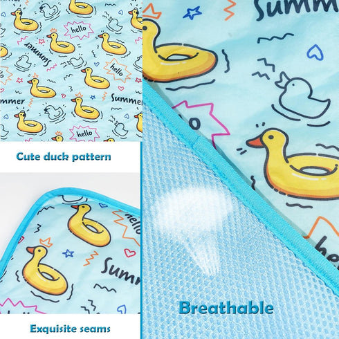 BAMY Cat Cooling Mat Summer Dog Silk Pad, Self Cooling Cushion with Duck Strawberry Pattern, Washable (Blue Duck, M