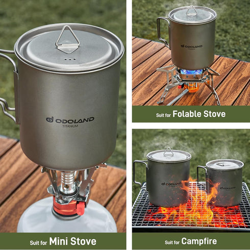 Odoland Titanium Camping Cookware Set: 420ML & 750ML Pot with Lid, Spork - Lightweight for Backpacking, Hiking, Picnic