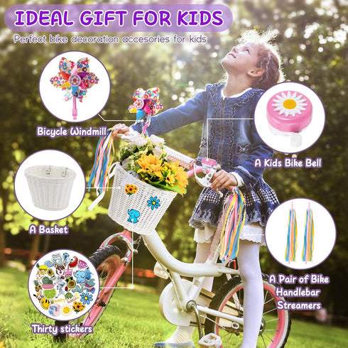 Kids Bike Basket, Woven Front Accessories for Boys & Girls with Stickers, Bell, Windmill, Ribbons