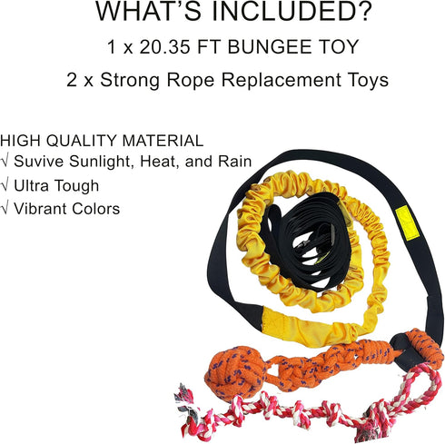 Jalousie Dog Bungee Toy, 20.35 ft Reinforced Interactive Toy with Two Replacement Rope Toys
