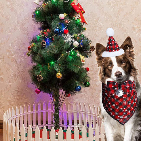 STMK Christmas Snowflake Dog Bandana Costume, Classic Plaid Scarf Hat Bow Tie with Bell Decoration for Pets