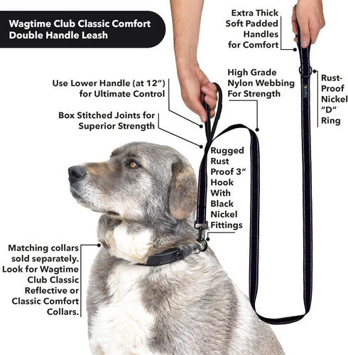 Wagtime Club Soft &Thick Dual Handle 6FT Dog Leash, Premium Nylon Double Padded Handles for Medium, Large or XLarge Dog (Reflective Black)