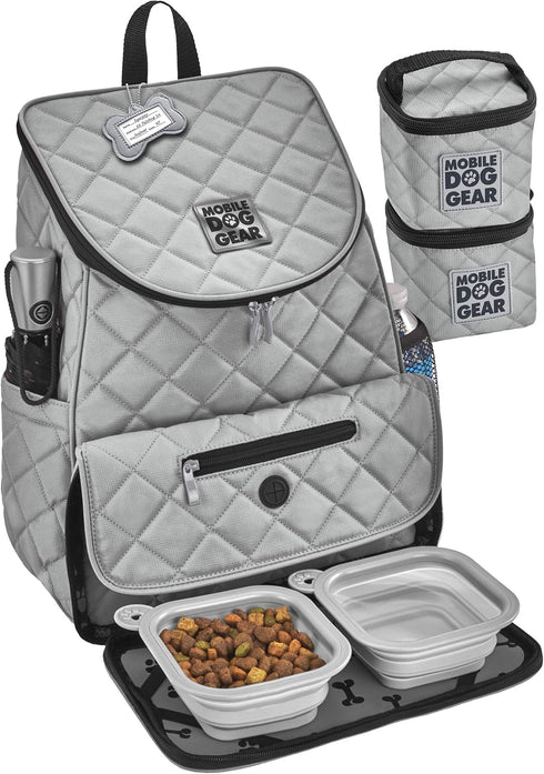 Mobile Dog Gear Travel Bag - Deluxe Quilted Weekender Backpack with Lined Food Carriers and 2 Collapsible Dog Bowls,
