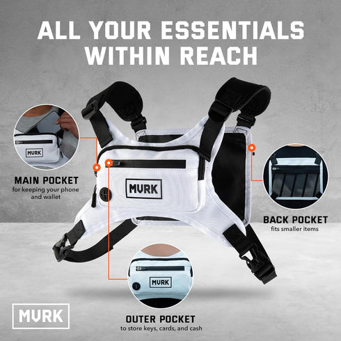 MVRK Lightweight Water Resistant Chest Pack - Minimalist Vest with Phone Holder & Extra Storage (White)