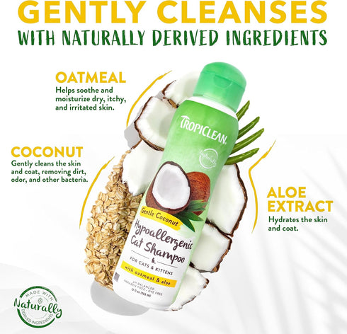 TropiClean Coconut Hypoallergenic Cat Shampoo | Gentle Kitten Shampoo for Sensitive Skin | 12 oz