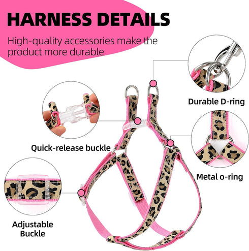 Mile High Life Leopard Dog Harness Collar Leash Set, Adjustable No Pull Halter for Small Breed Dogs (Pink, XS Chest