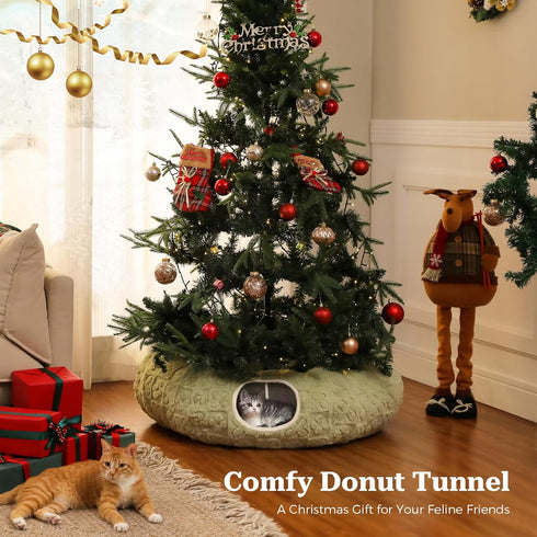 PEQULTI Cat Tunnel with Bed for Indoor Cats, Cat Play Donut Tunnel with Washable Soft Plush Mat, Round Tube Toys Cute