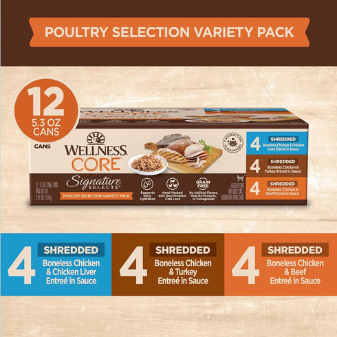 Wellness CORE Signature Selects Natural Canned Grain Free Cat Food Variety Pack, Shredded Poultry Selection, 5.3 Ounce