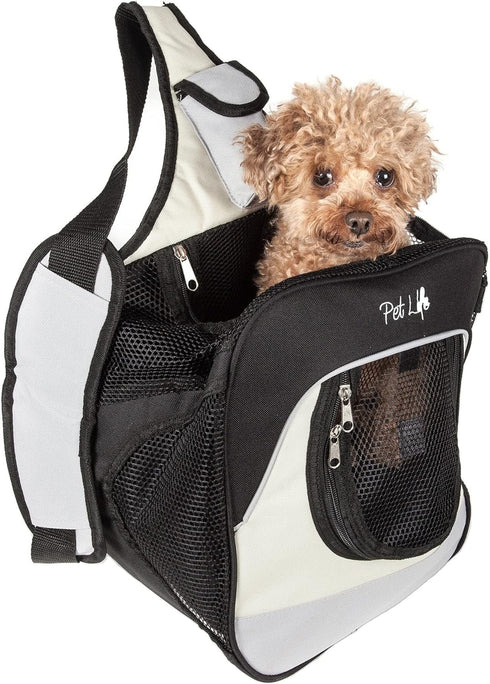 Pet Life Dog Carrier - Single Strap Over-The-Shoulder Backpack, Water-Resistant with Built-in Bottle Holder and Pouch