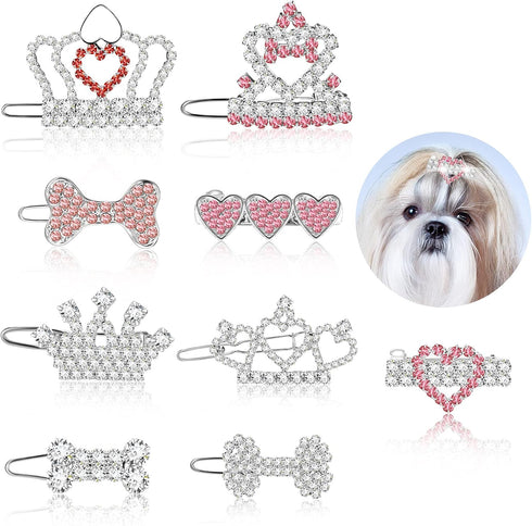 9 Pieces Dog Tiara Crown Hair Clips, Pet Crystal Rhinestone Barrette Clips for Dog Grooming Accessories