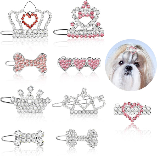 9 Pieces Dog Tiara Crown Hair Clips, Pet Crystal Rhinestone Barrette Clips for Dog Grooming Accessories