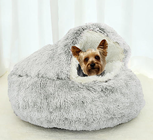 Dog Cave Bed for Small Dogs Cats, Anti-Anxiety Calming Plush Bed, Fluffy Covered Hooded Cozy Burrow, Washable,