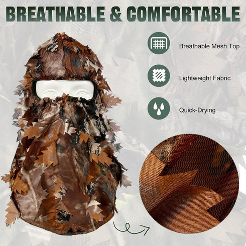 Geyoga Camouflage Leafy Face Mask Ghillie Hunting Gear, 3D Full Face Cover, Camo Balaclava