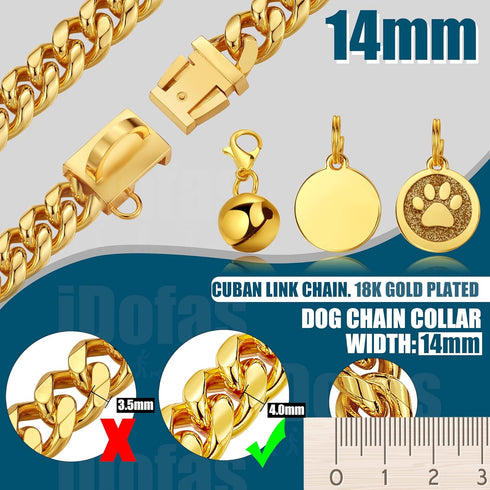14mm Gold Cuban Link Dog Chain Collar with Snap Buckle, 18K Gold Plated Stainless Steel for Small Medium Large Dogs