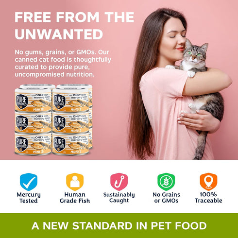 100% 3oz, Pack 12 Pure Cravings Minced Tuna and Chicken Wet Canned Cat Food, Mercury-Tested, Moist Can Fish for Cats