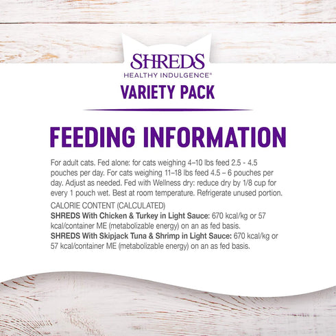 Wellness Healthy Indulgence Shreds Grain-Free Wet Cat Food, Complete & Balanced Meal, 3 oz Pouches, 8 Pack