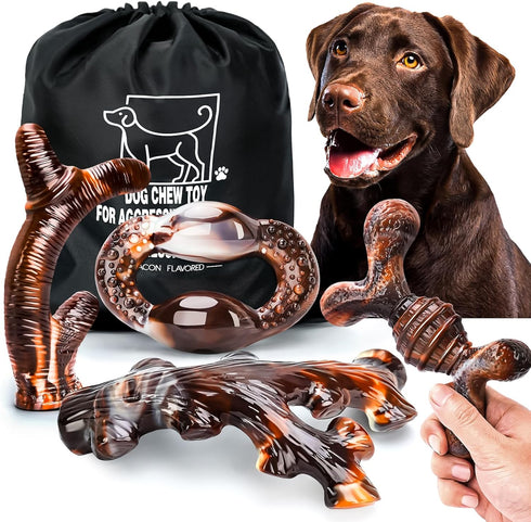 4 Pack Tough Indestructible Dog Chew Toys with Bacon Flavor - Durable Nylon Bones for Large Medium Breed