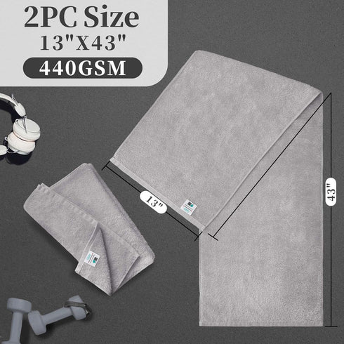 (2PC, 13"x43") 100% Gray Workout Towels for Gym - Cotton, Breathable, Soft & Absorb - Sweat Towel for Men & Women