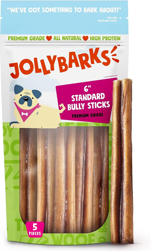 Bully Sticks for Small Dogs, All Natural Single Ingredient, 6" Standard for Puppies to Medium Dogs (5 Pack)