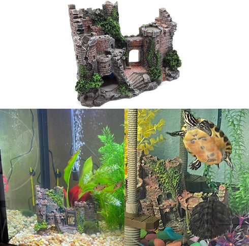 Aquarium Resin Castle Decoration, Stone Cave Hide House for Betta, Shrimp, Turtle Accessories