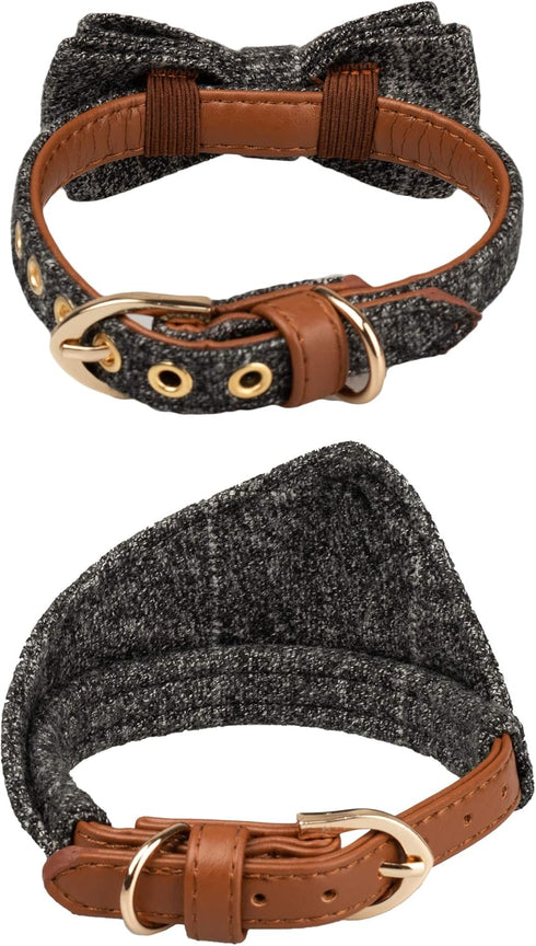 Small Dog Collar & Bandana Set for Puppy Cat, 2pcs PU Leather Canvas Scarf, Durable Grey Classic