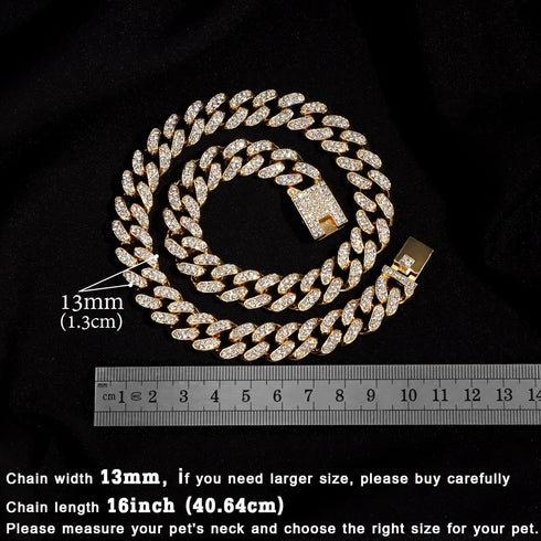 Gold Cuban Link Dog Collar, Metal Chain Diamond Pet Collars for Dogs and Cats, Jewelry 8/10/14/16/18/20/24/28 Inch