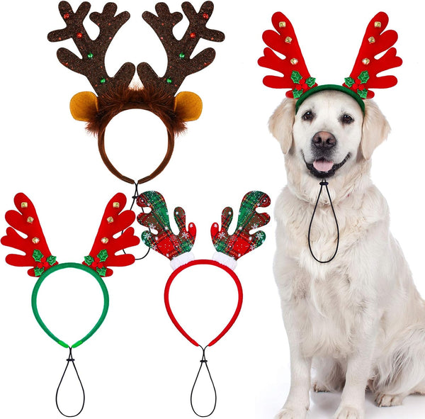 Aneco 3 Pack Christmas Reindeer Dog Headband, Puppy Xmas Antlers Holiday Pet Costume Accessory