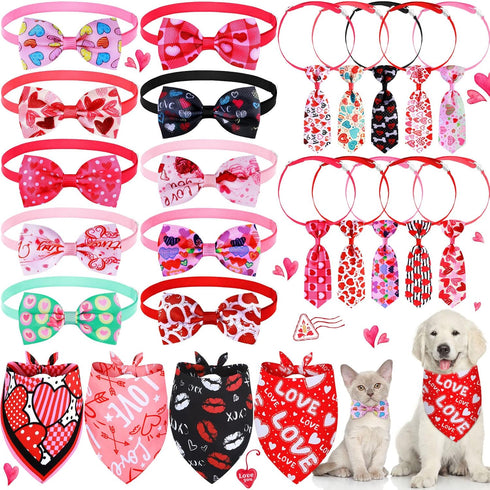 24 Pcs Valentine's Day Dog Bow Set with 10 Pcs 4th of July Dog Bow Ties, 10 Pcs Dog Neckties, 4 Dog Bandanas, Pet