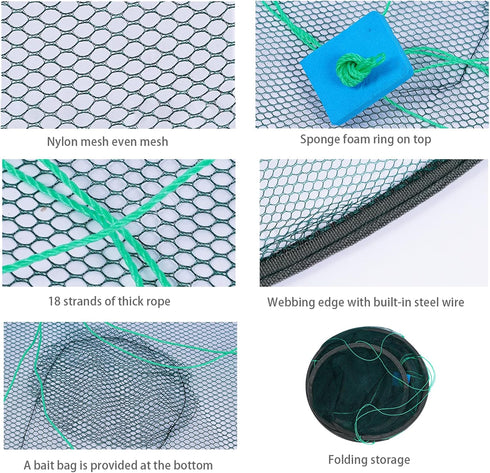 MOUNTTU Crab Net,Fish Trap Crab nets for Crabbing Portable Folding Fishing Fish Net with Thickened Rope for Minnows