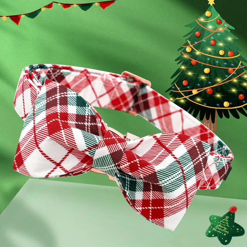 Dog Collar, Christmas Plaid Pet Collar Bow, Holiday Adjustable Collar for Medium Dogs