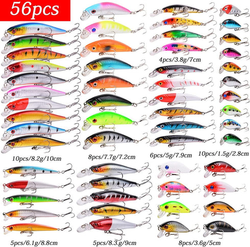 Fishing Lures Kit Mixed, Minnow Popper Crank Baits with Hooks for Freshwater Saltwater Trout Bass Salmon