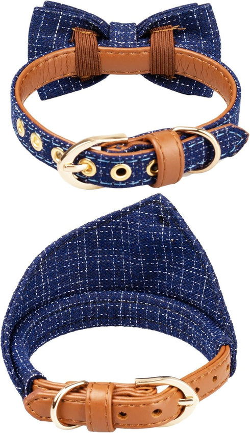 Small Dog Collar & Bandana Set for Puppy Cat, 2pcs PU Leather Canvas Scarf, Durable Blue Classic