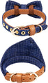 Small Dog Collar & Bandana Set for Puppy Cat, 2pcs PU Leather Canvas Scarf, Durable Blue Classic