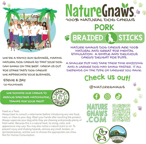 Nature Gnaws Braided Pork Bully Sticks for Dogs, 5-6" (20 Count), Natural Bacon Chew Treats