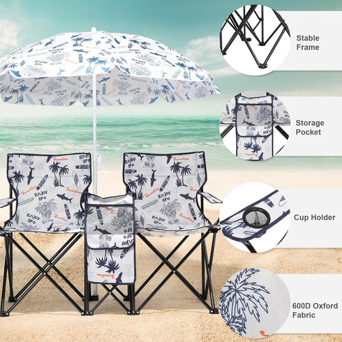 Double Folding Beach Chairs,Portable Double Folding Picnic Chairs Beach Camping Chair W/Umbrella Mini Table Beverage