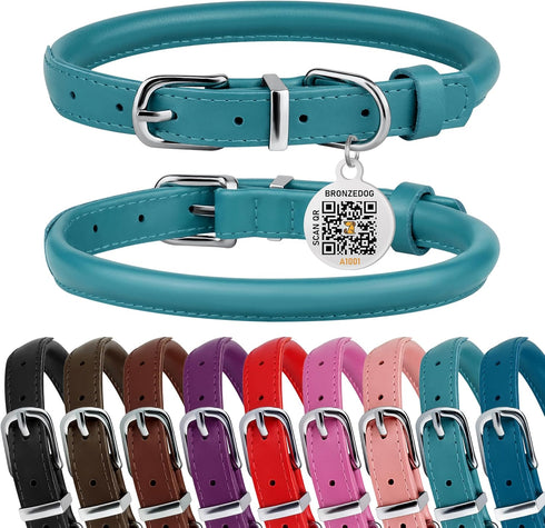 BRONZEDOG Rolled Leather Dog Collar for Small Medium Large Dogs with QR ID Tag (M: 14-16 Inch, Teal)