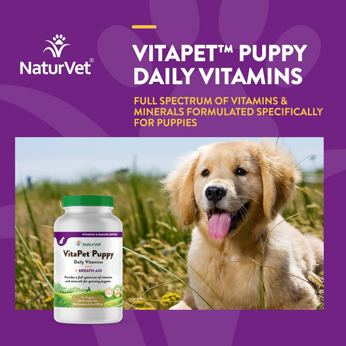 NaturVet VitaPet Puppy Daily Vitamins Plus Breath Aid, 60 ct Time Release Chewable Tablets, Made in USA